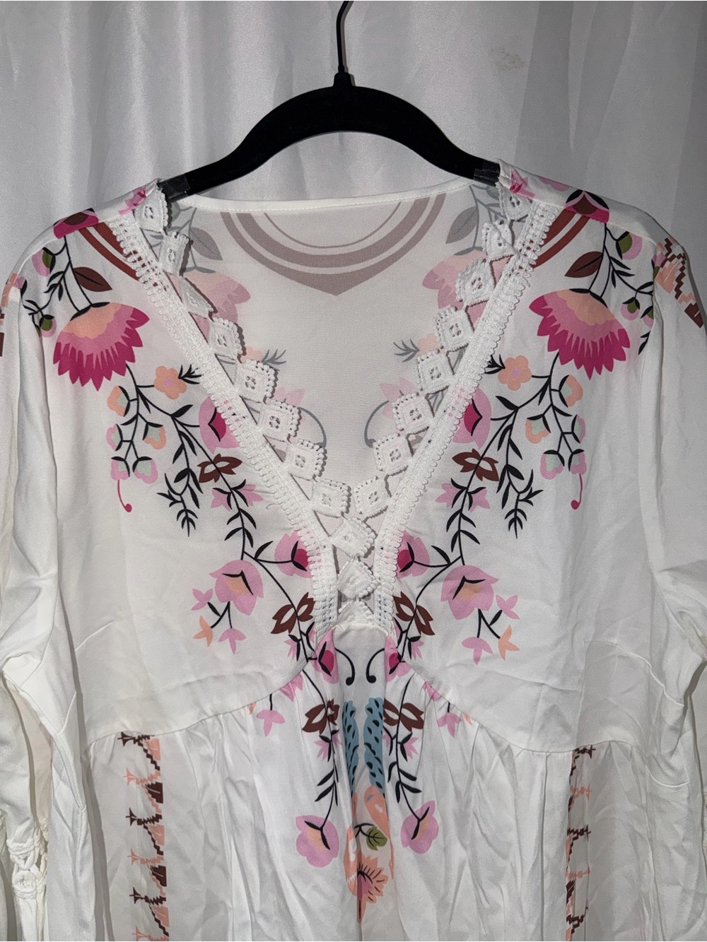 Emery Rose Dress White Floral Embroidered Boho V Neck Mini Tunic Dress XL - Picture 3 of 5